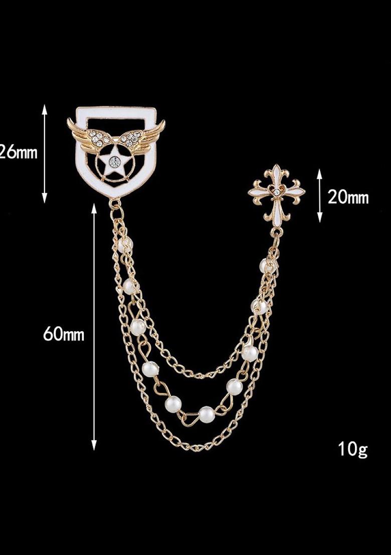Men Crystal Stone Studded Lapel Pin Chain Tassel Brooch