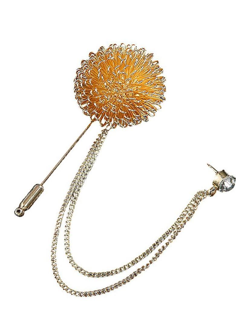 Men Stones Studded Floral Tassel Brooch With Chain