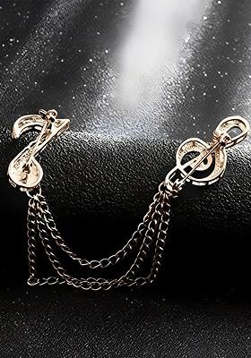 Men Gold Plated Crystal Studded Chain Tassel Brooch Lapel Pin