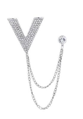 Men Stone Studded Stud Lapel Pin Chain Tassel Brooch