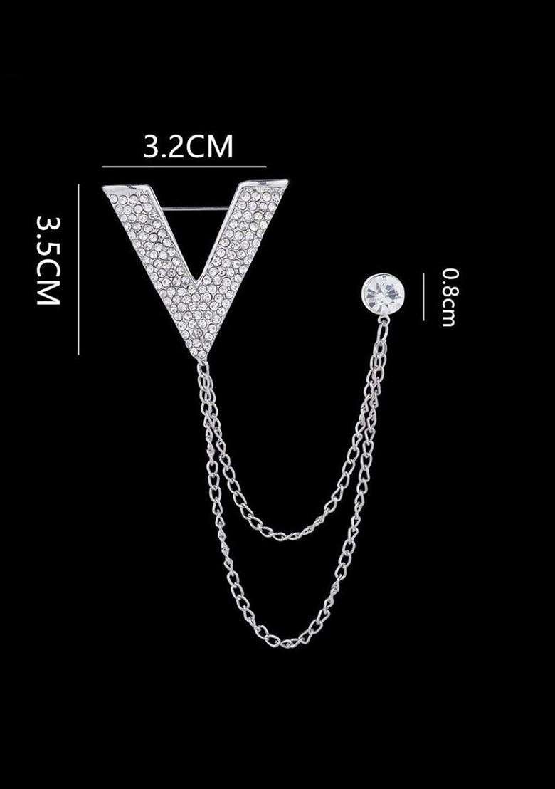 Men Stone Studded Stud Lapel Pin Chain Tassel Brooch
