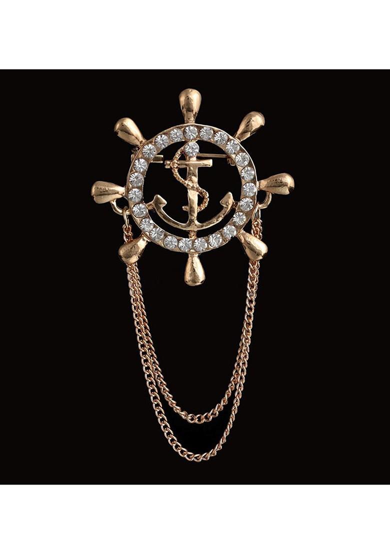 Men Stones Studded Rudder Tassel Brooch With Chain