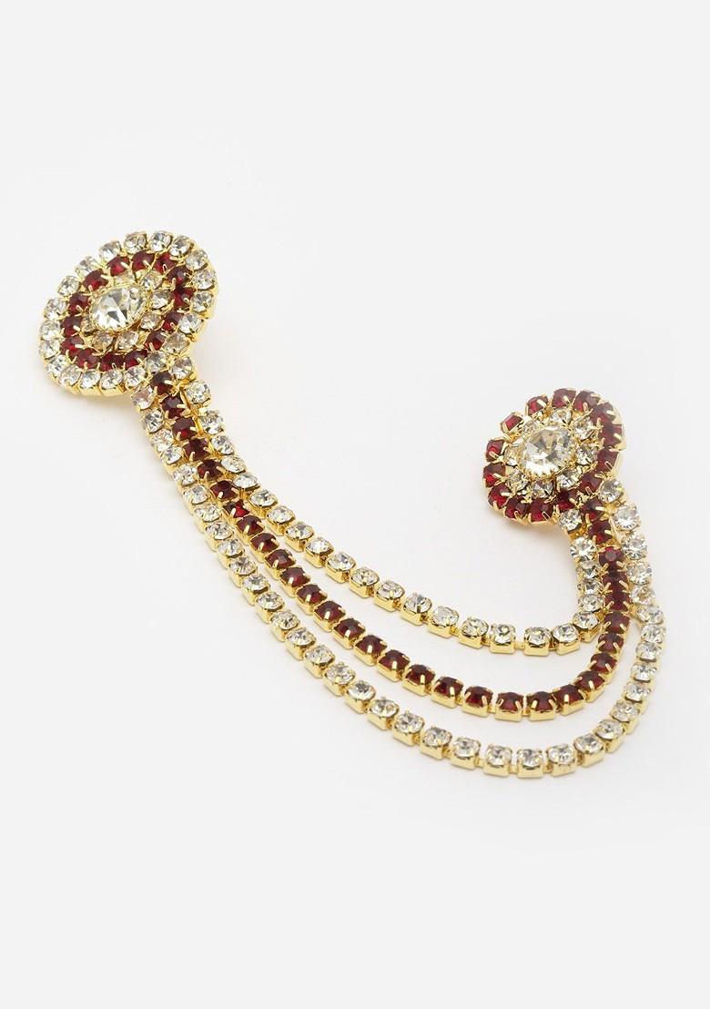 Unisex Gold Toned Maroon White Embellished American Diamond Brooch Lapel Pin