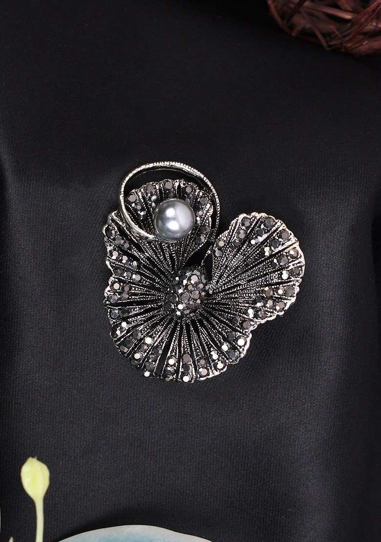 Men Stone Studded Pearl Beaded Statement Brooch - Indya