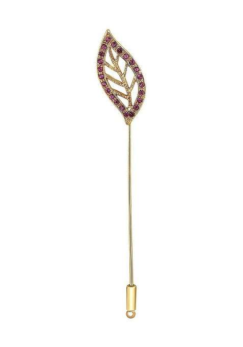 Men Stones Studded Beaded Leaf Shaped Brooch