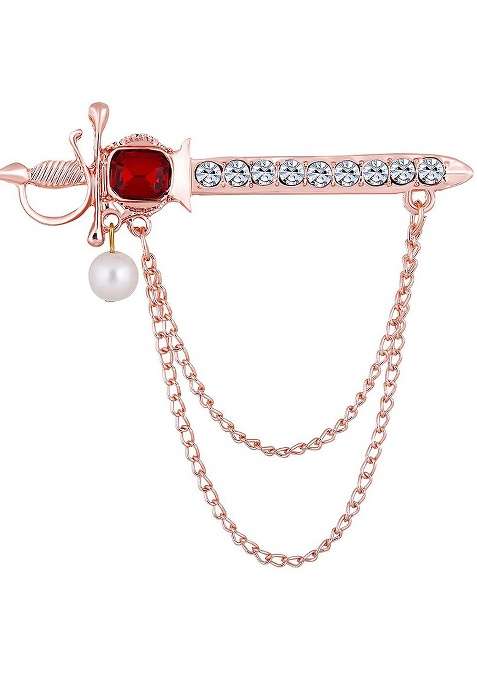 Men Stones Studded Beaded Layered Sword Shaped Brooch
