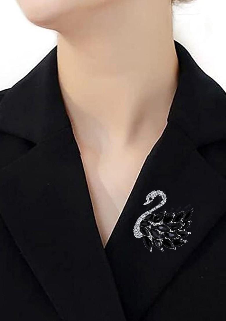 Men Stone Studded Swan Shaped Brooch