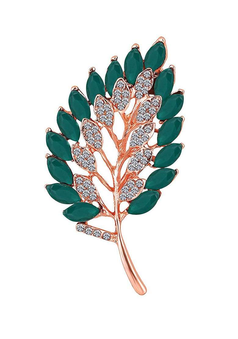 Men Stone Studded Leaf Shape Brooch - Indya