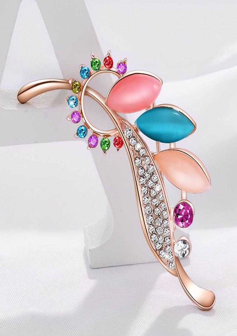 Stones Studded Floral Charm Brooch