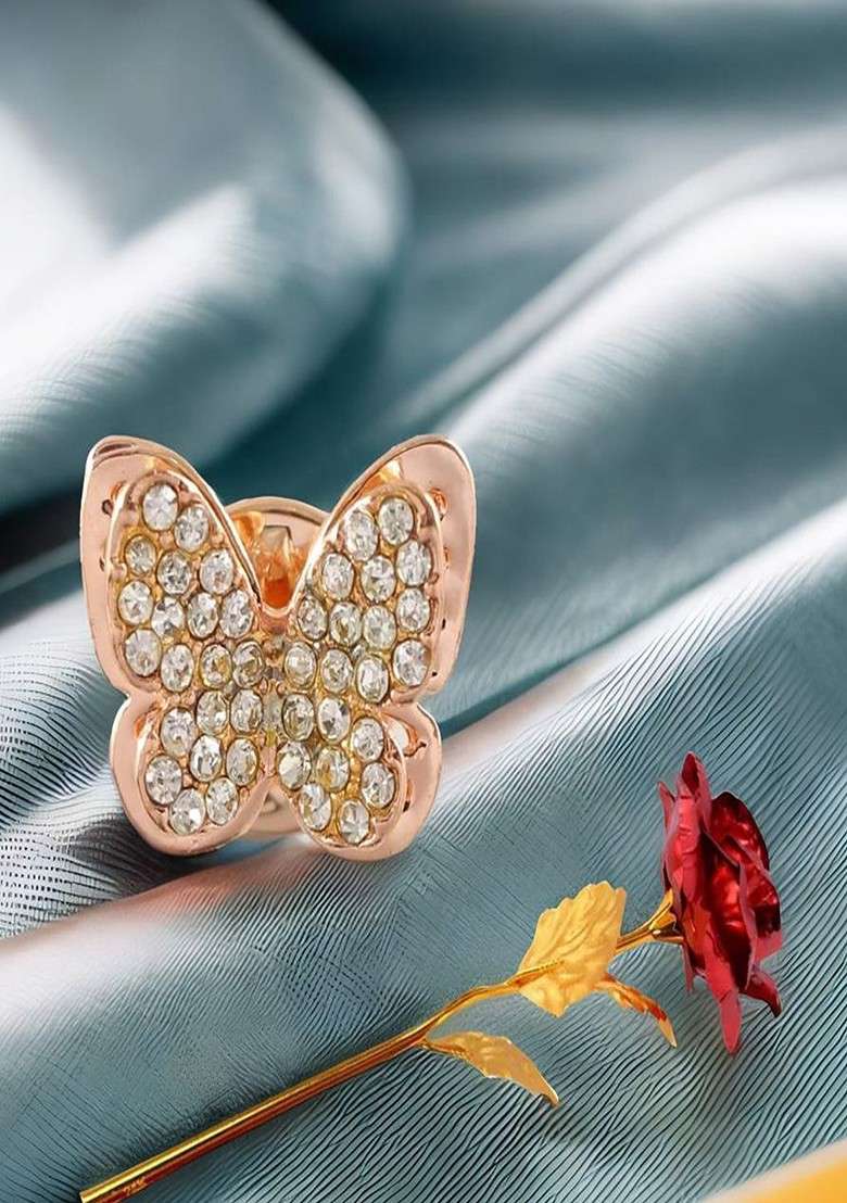 Stones Studded Butterfly Charm Brooch Comes With Artificial Rose - Indya
