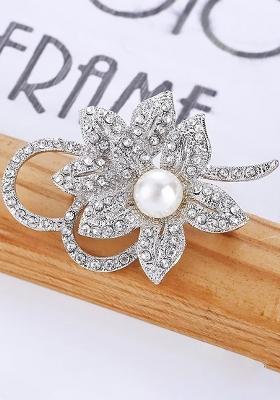 Stone Pearl Studded Flower Shape Brooch