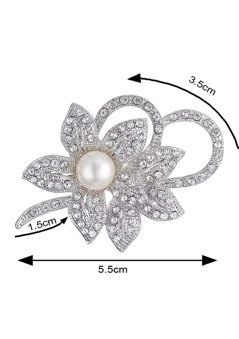 Stone Pearl Studded Flower Shape Brooch - Indya