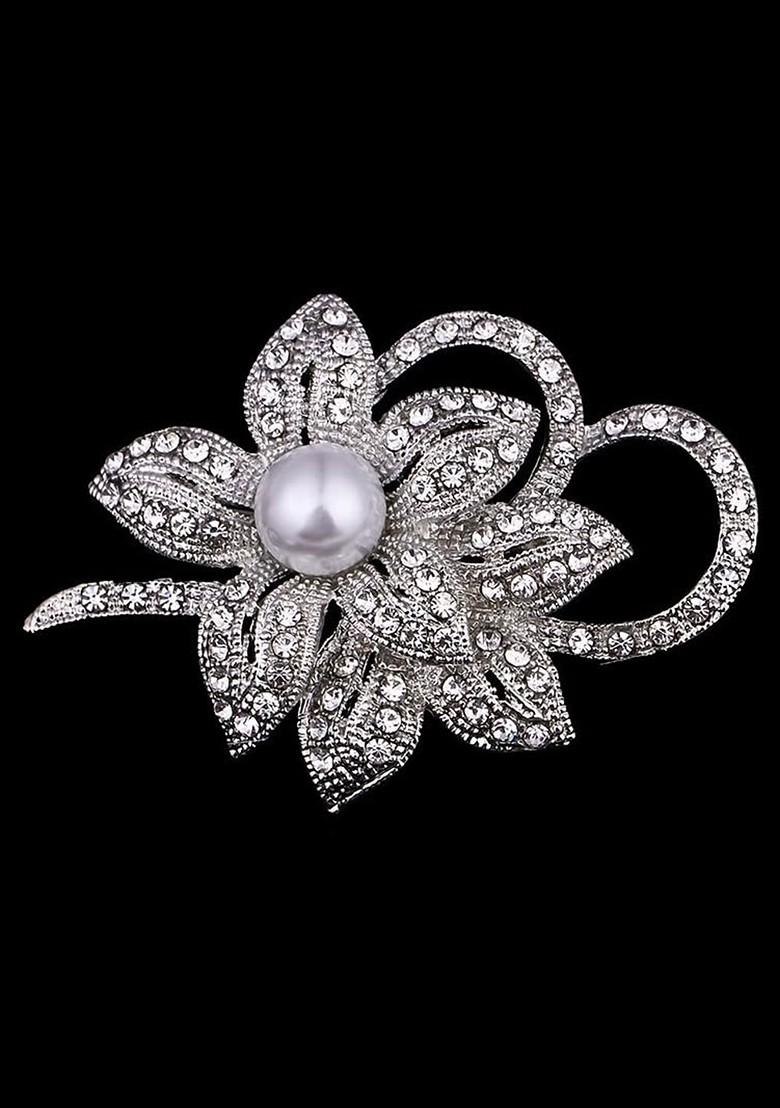 Stone Pearl Studded Flower Shape Brooch