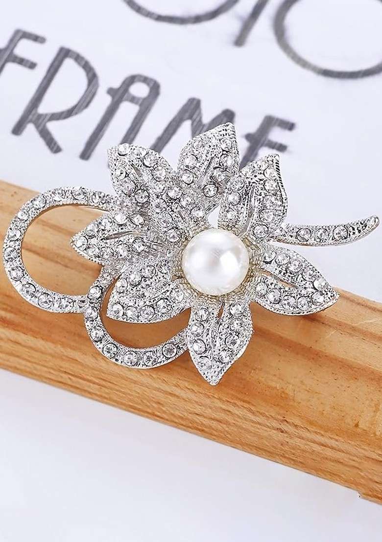 Stone Pearl Studded Flower Shape Brooch - Indya