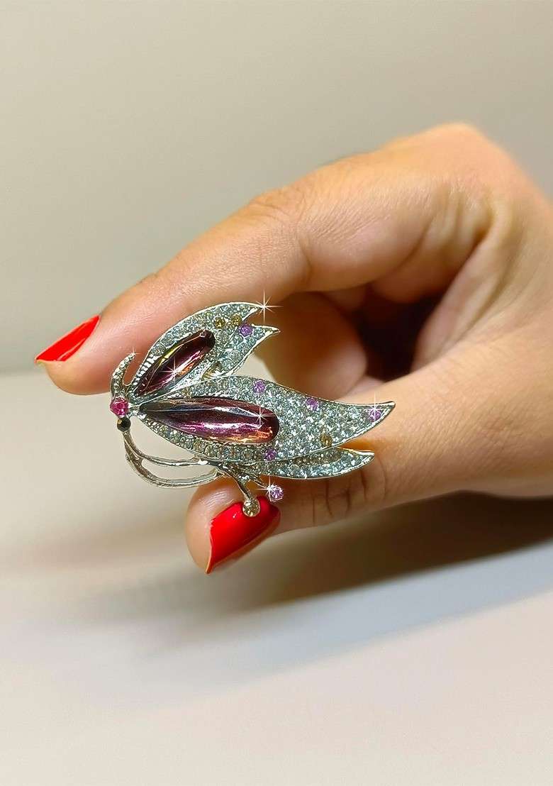 Stones Studded Half Butterfly Charm Brooch - Indya