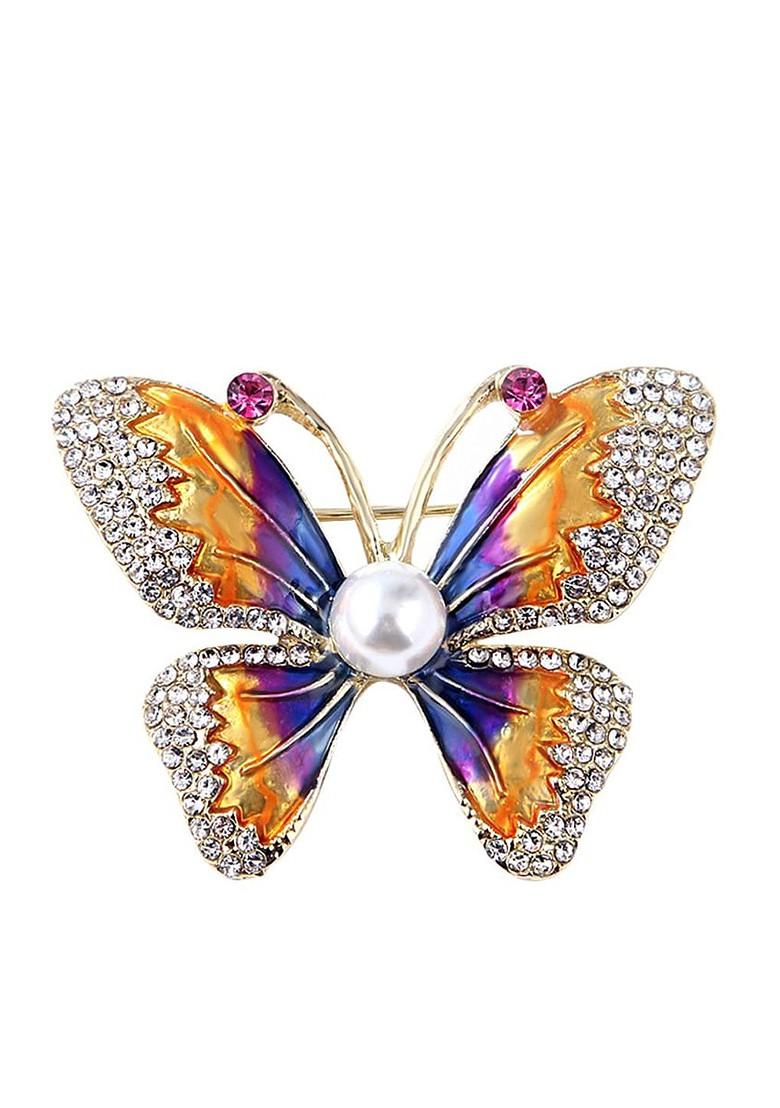 Women Yellow Blue Crystal Stone Studded Butterfly Brooch Pin
