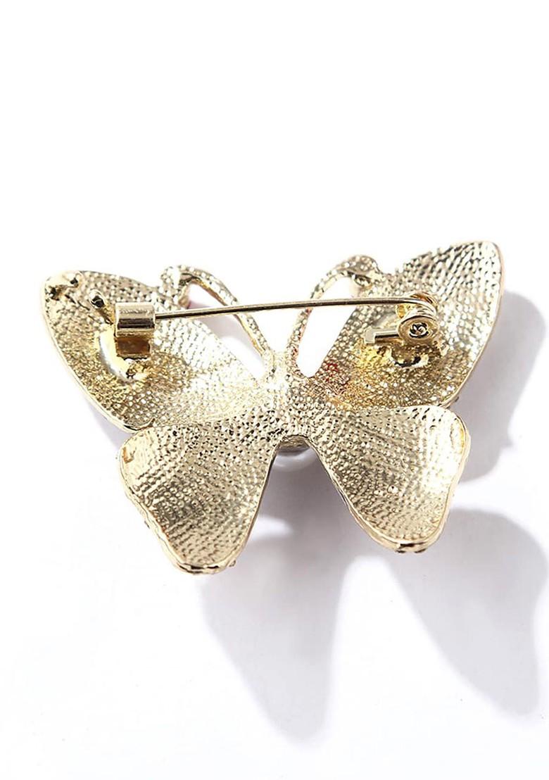 Women Yellow Blue Crystal Stone Studded Butterfly Brooch Pin