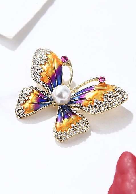 Women Yellow Blue Crystal Stone Studded Butterfly Brooch Pin