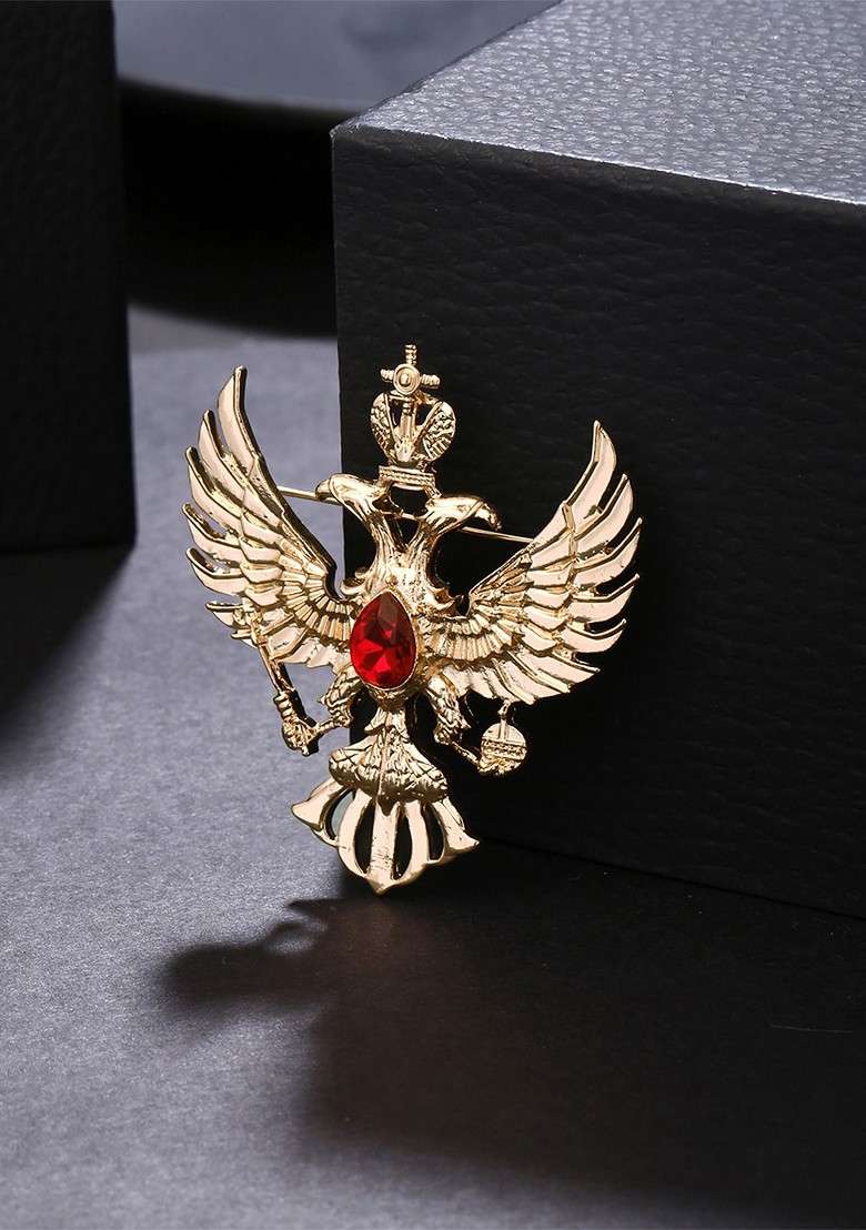 Men Gold Plated Crystal Studded Eagle Brooch - Indya