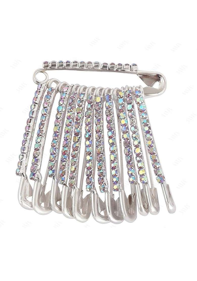 12 Pcs Silver Plated Rhinestone Safety Saree Pleats Pin Brooch - Indya