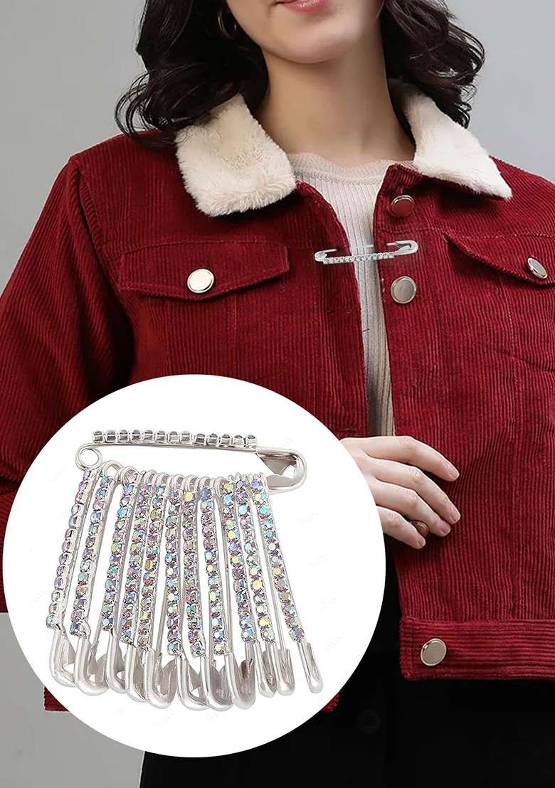 12 Pcs Silver Plated Rhinestone Safety Saree Pleats Pin Brooch - Indya