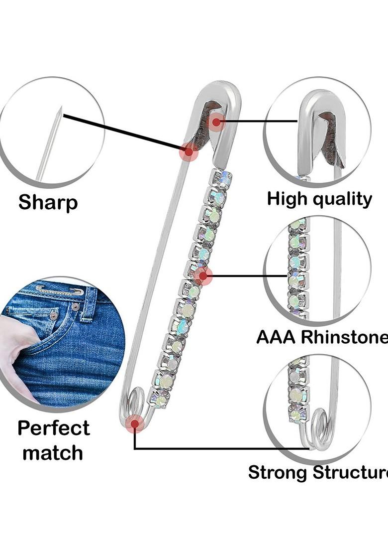 12 Pcs Silver Plated Rhinestone Safety Saree Pleats Pin Brooch