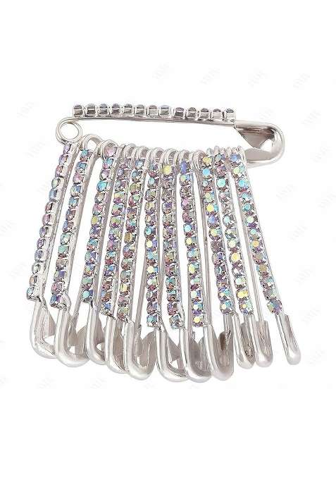 12 Pcs Silver Plated Rhinestone Safety Saree Pleats Pin Brooch