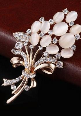 Women Stone Studded Opal Wheat Flower Bouquet Brooch