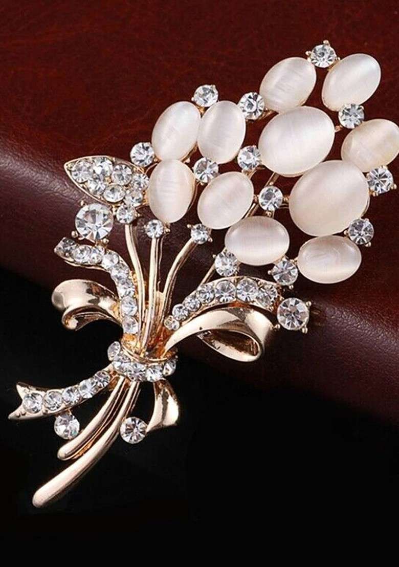 Women Stone Studded Opal Wheat Flower Bouquet Brooch - Indya