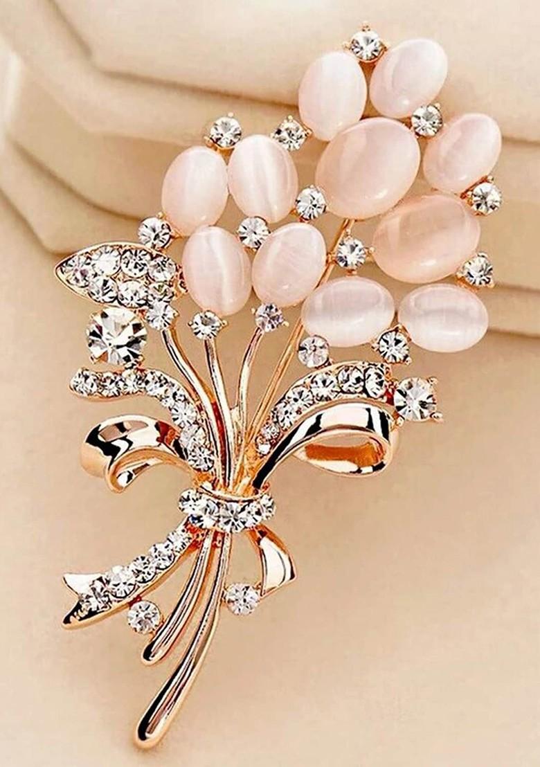 Women Stone Studded Opal Wheat Flower Bouquet Brooch
