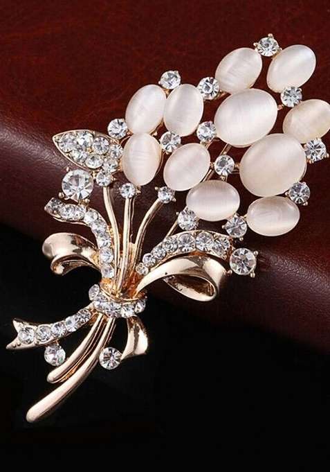 Women Stone Studded Opal Wheat Flower Bouquet Brooch