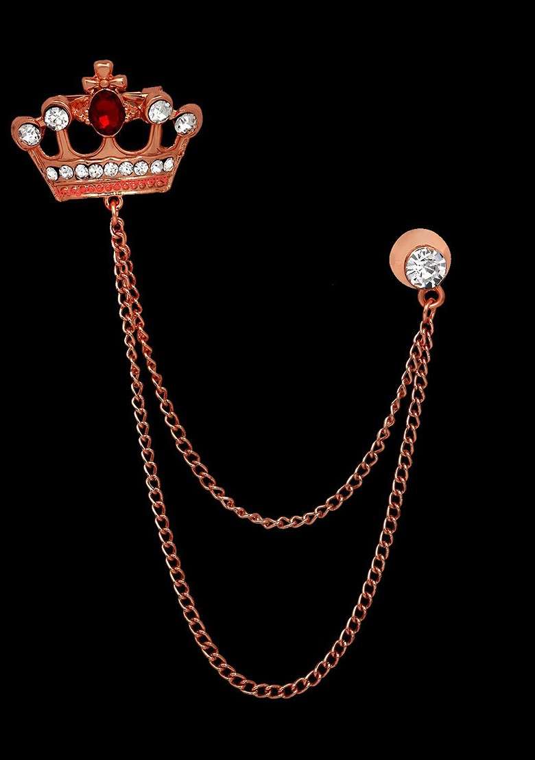 Men Crystal Studded Royal Crown With Chain Brooch - Indya