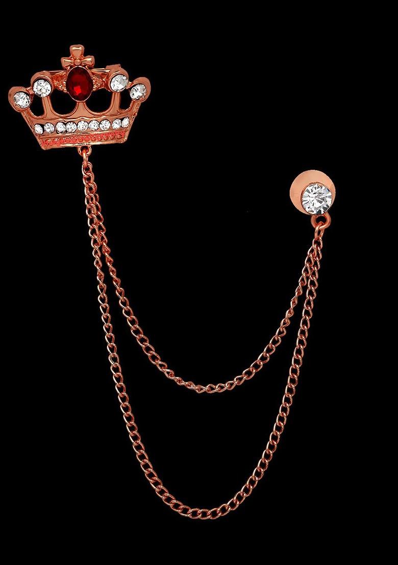 Men Crystal Studded Royal Crown With Chain Brooch