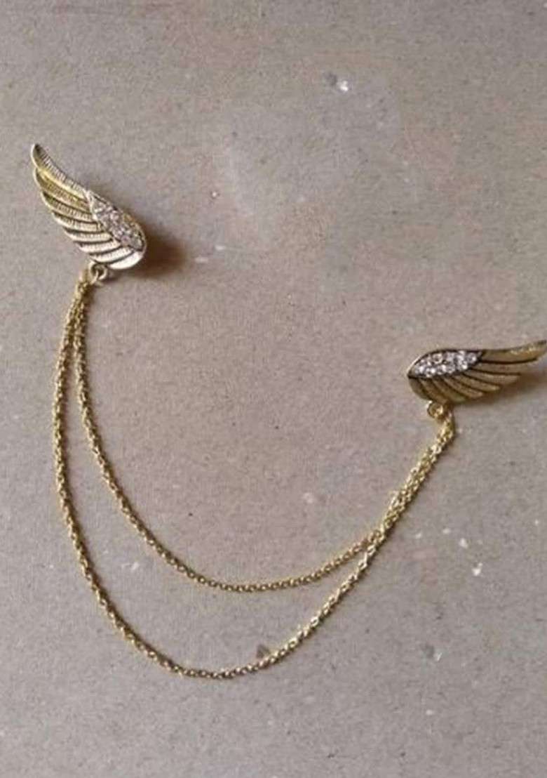 Men Textured Stone Studded Double Wing Chain Brooch - Indya