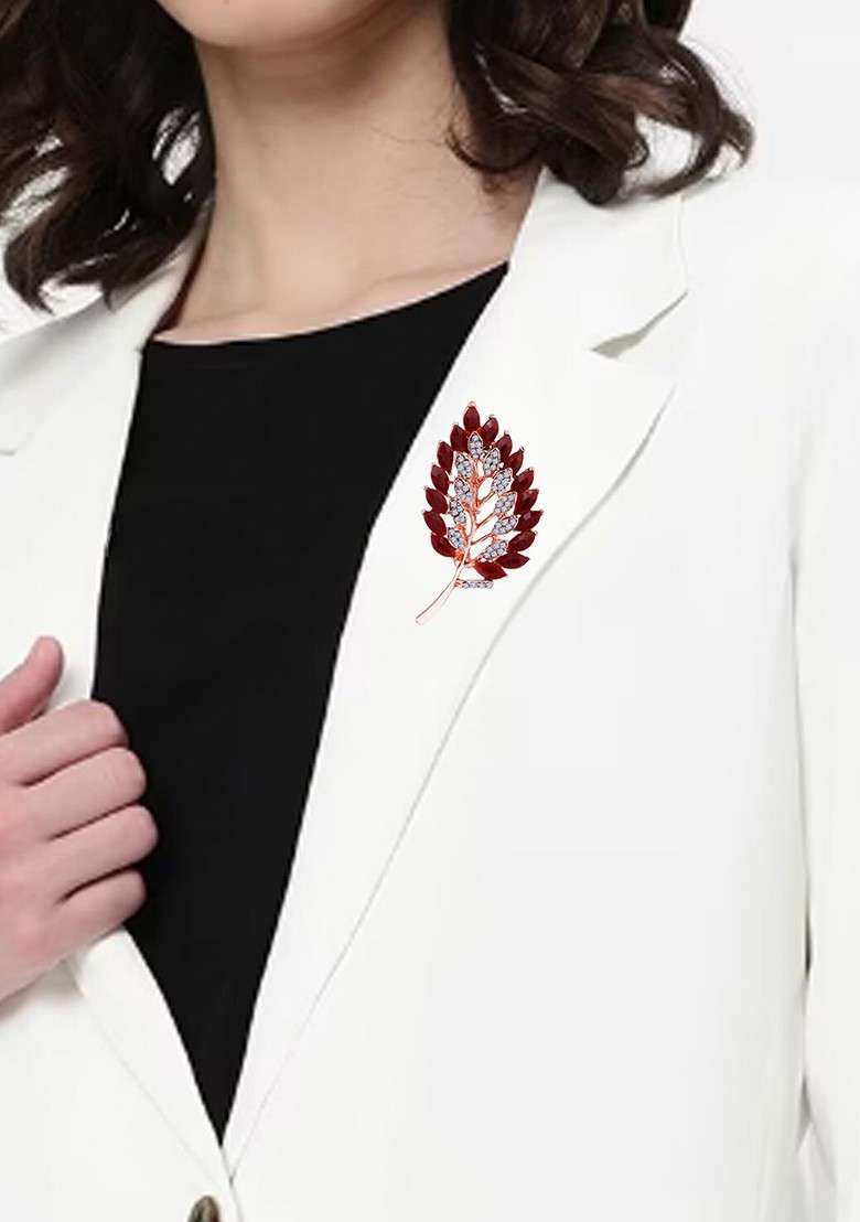 Men Stones Studded Beaded Leaf Shaped Brooch - Indya