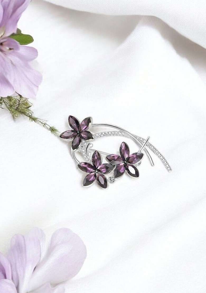 Women Floral Shaped Stone Studded Saree Pin Brooch - Indya