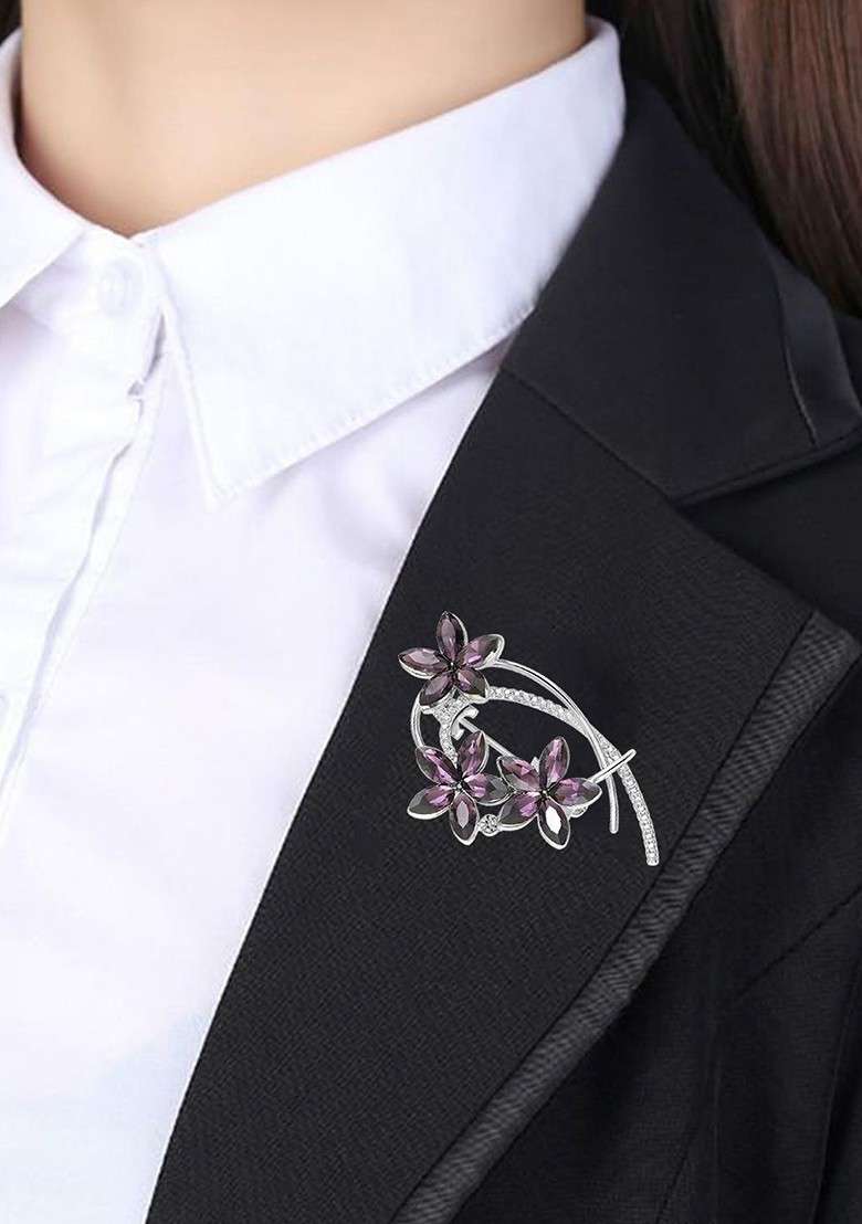 Women Floral Shaped Stone Studded Saree Pin Brooch - Indya