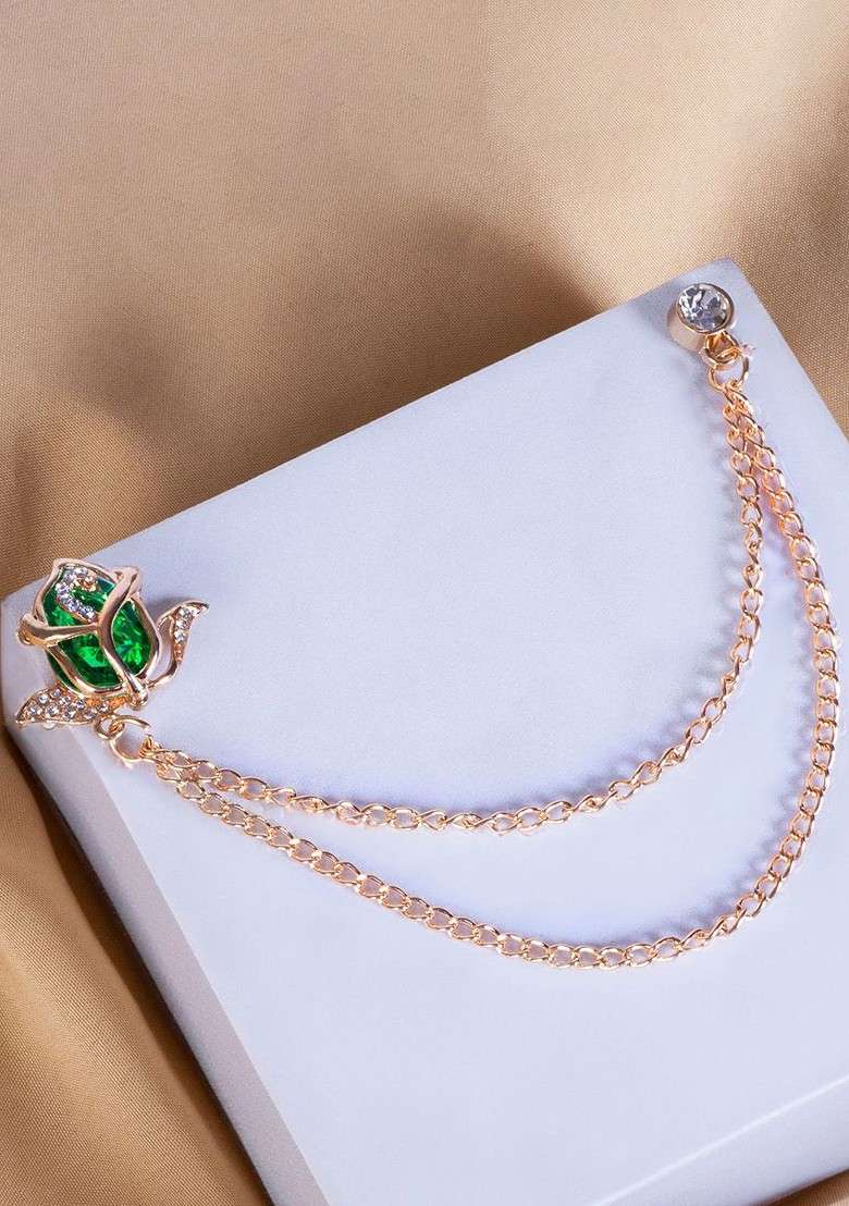 Gold Plated Artificial Stone Studded Brooch - Indya