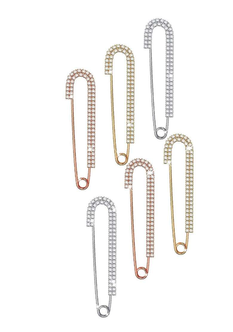 6 Pcs Gold Silver Rosegold Plated Rhinestone Safety Saree Pleats Pin Brooch - Indya