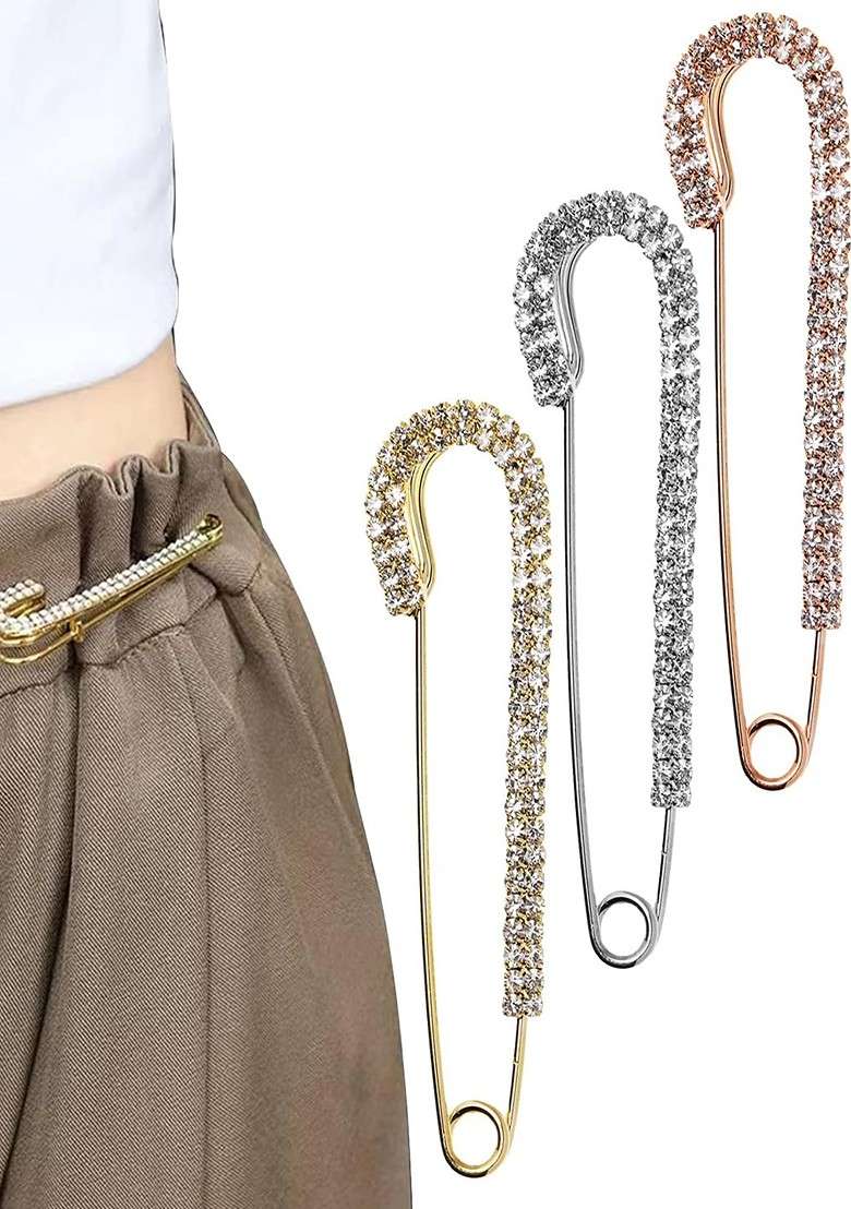 6 Pcs Gold Silver Rosegold Plated Rhinestone Safety Saree Pleats Pin Brooch - Indya