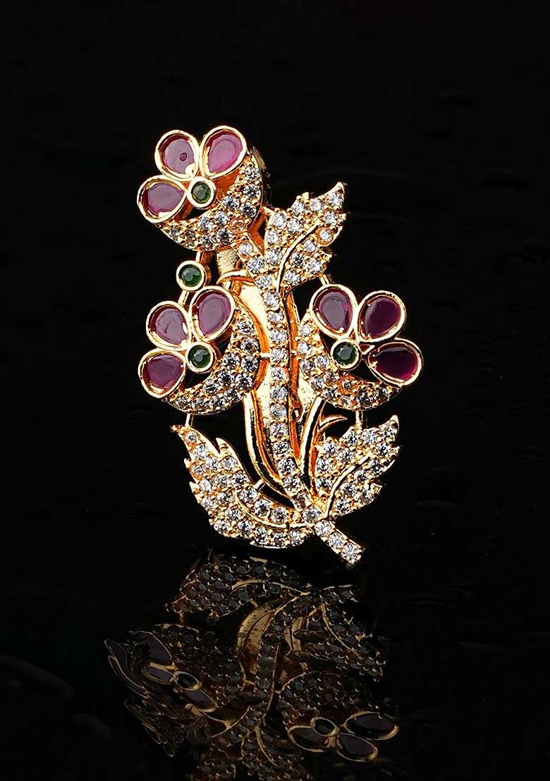 Women Gold Toned White Ad Studded Floral Brooch - Indya