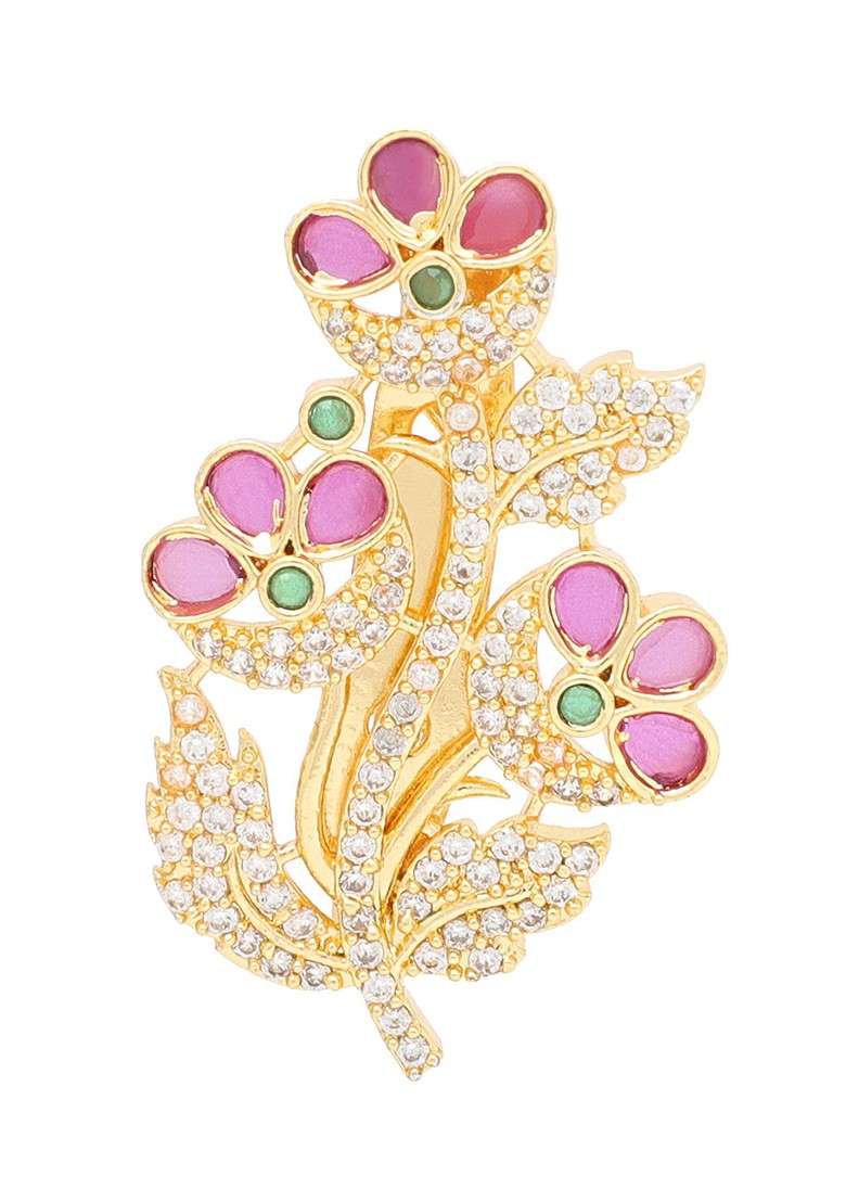 Women Gold Toned White Ad Studded Floral Brooch - Indya