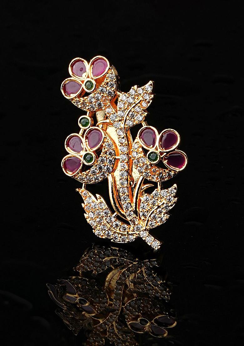 Women Gold Toned White Ad Studded Floral Brooch