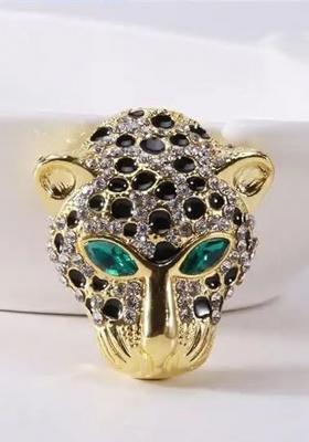 Unisex Gold Plated Stone Studded Tiger Face Shaped Brooch