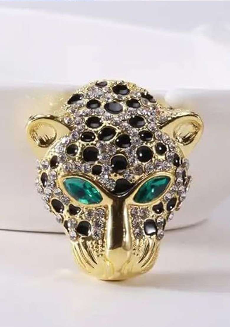 Unisex Gold Plated Stone Studded Tiger Face Shaped Brooch - Indya