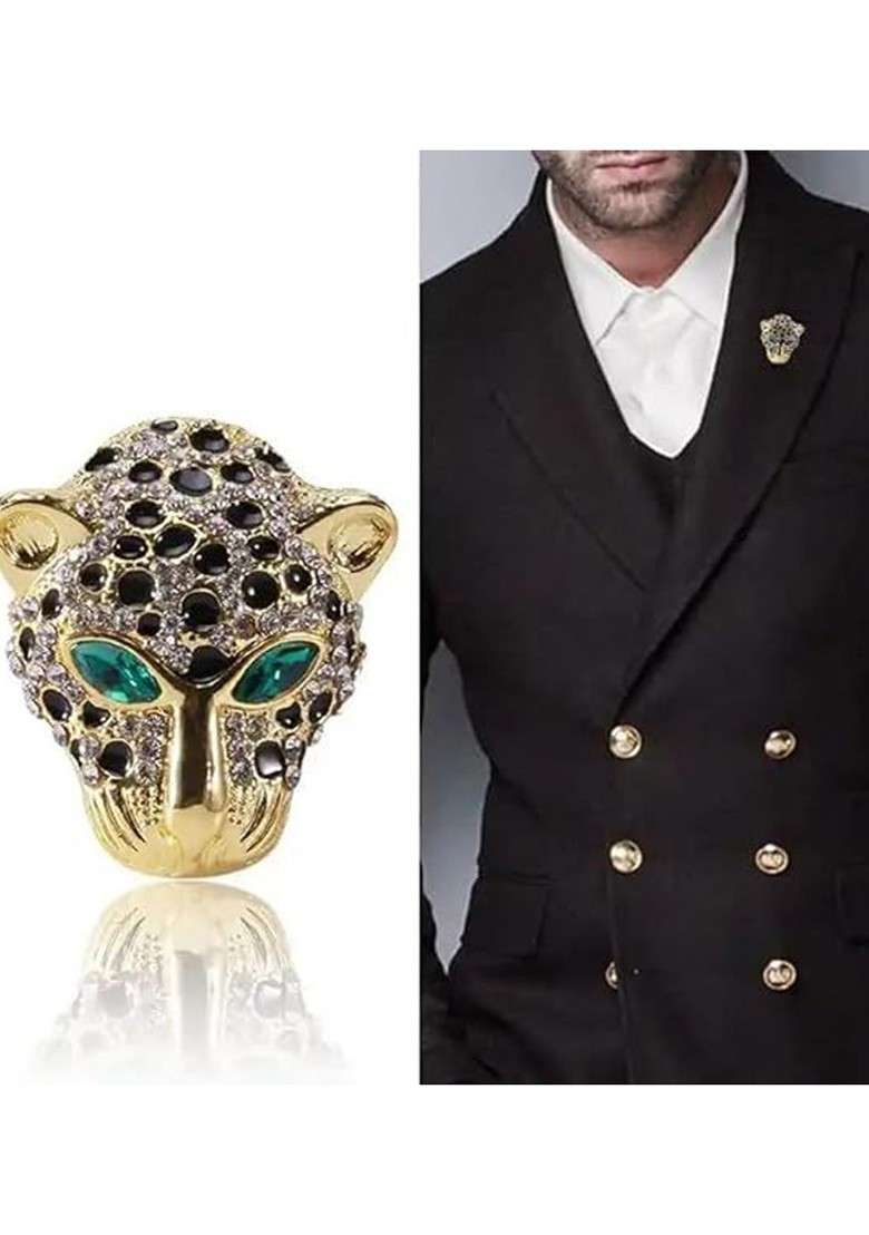Unisex Gold Plated Stone Studded Tiger Face Shaped Brooch - Indya