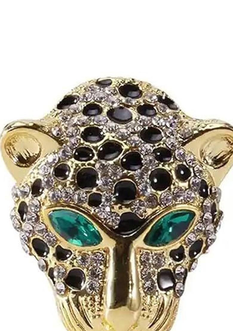 Unisex Gold Plated Stone Studded Tiger Face Shaped Brooch
