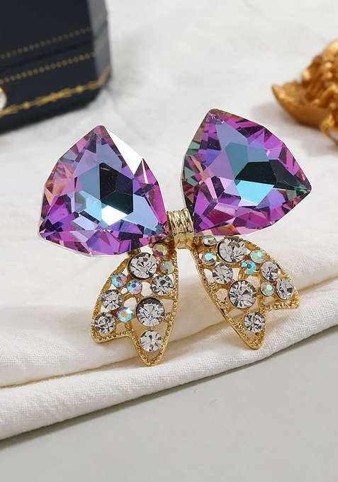 Crystals Studded Bow Charm Brooch