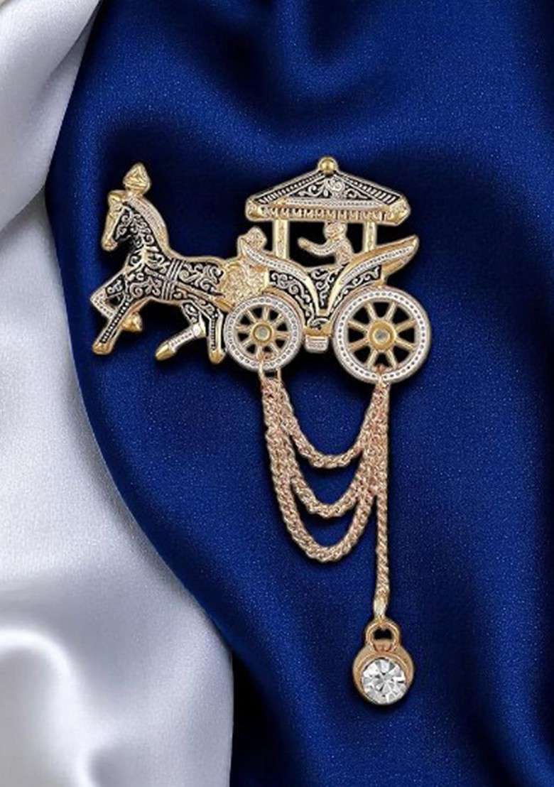 Men Stone Studded Horse Chariot Shaped Layered Chain Brooch - Indya