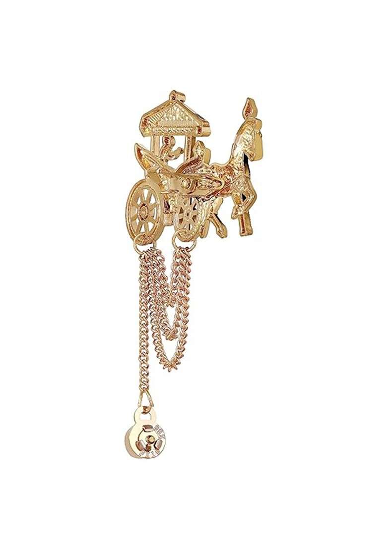 Men Stone Studded Horse Chariot Shaped Layered Chain Brooch - Indya